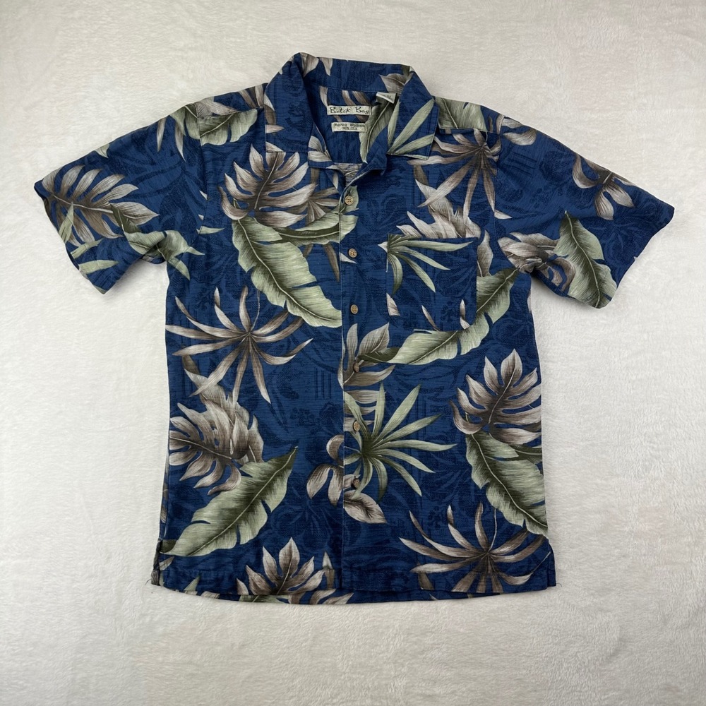 Batik Bay Button Up Mens Relaxed S Blue Tropical Silk Camp‎ Shirt 100% Silk